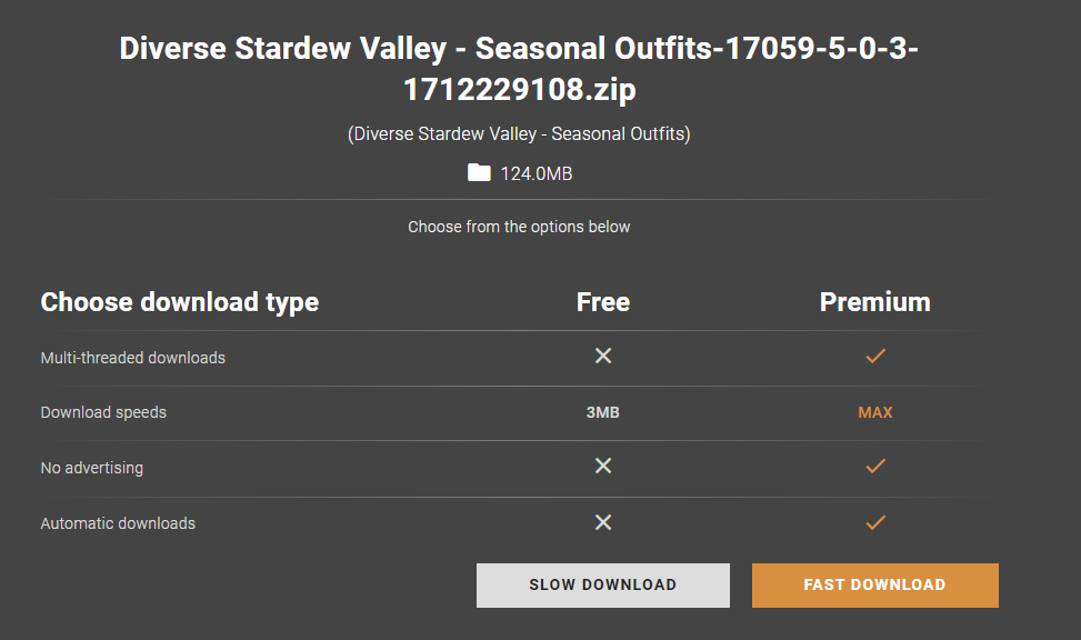 A table comparing free and premium download types. At teh bottom there are buttons that say slow download and fast download.